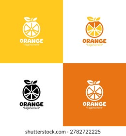 A modern minimalist orange fruit logo in yellow and orange flat style with visible citrus flesh and peel suitable for fresh branding and natural company identity projects