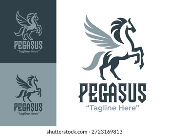 Um logotipo de pegasus minimalista moderno projetado para representar elegância, imaginação e lendária narrativa de marca.