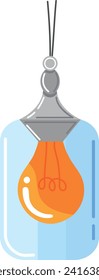Modern minimalist pendant light fixture with an orange bulb, hanging from two black wires. Home decoration and interior design vector illustration.