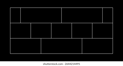 Modern minimalist photo collage template. Empty frames on black, ideal for showcasing multiple images, mood boards, or digital presentations. Clean, organized, and adaptable for creative projects