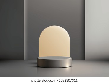 Modern minimalist podium with a metallic gray cylindrical base and warm cream illuminated panel, set against a sleek two tone gray backdrop, perfect for product displays and presentations