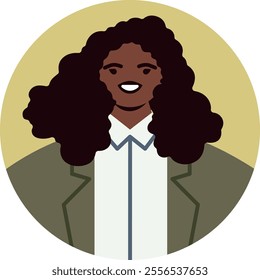 Modern and minimalist portrait of a smiling businesswoman with long curly hair, wearing a white shirt and a jacket, ideal for profile pictures or corporate avatars