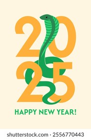 Modern minimalist poster for 2025 chinese new year holiday. Vector flat illustration of snake and numbers. Zodiac symbol of new year