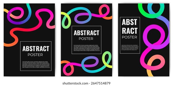 Modern minimalist poster set featuring abstract swirling lines in vibrant rainbow gradient colors.