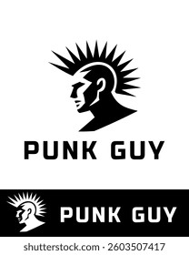 A modern, minimalist punk guy logo featuring a stylized male face with a spiky mohawk hairstyle in black and white