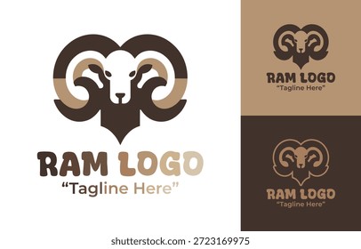 Um logotipo de ram minimalista moderno criado para representar a força, liderança e autenticidade da marca da fazenda.