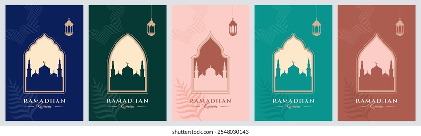 Moderno minimalista Ramadan kareem design coleção. Cartões de felicitações, fundos. Janelas e arcos com lua, cúpulas de mesquita e lanternas.