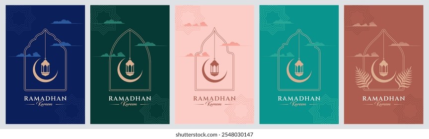 Modern minimalist Ramadan kareem design collection. Greeting cards, backgrounds. Windows and arches with moon, mosque domes and lanterns.