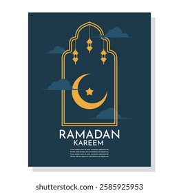 Modern minimalist Ramadan Kareem design. Greeting card, background. Ramadan Kareem greeting card. Window and arch with moon, mosque dome and lantern. Islamic frame, crescent moon, mosque.