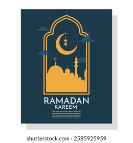 Modern minimalist Ramadan Kareem design. Greeting card, background. Ramadan Kareem greeting card. Window and arch with moon, mosque dome and lantern. Islamic frame, crescent moon, mosque.