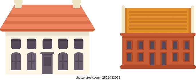 Modern minimalist red brick building with tall windows in flat vector illustration style