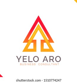 Modern minimalist red and gold triangle with upward arrow, represent wealth, success and innovation. Vector logo template for business and finance company.