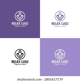 A modern minimalist relax logo featuring a meditating stickman line art in lilac purple tones designed for wellness branding and mindfulness organizations.