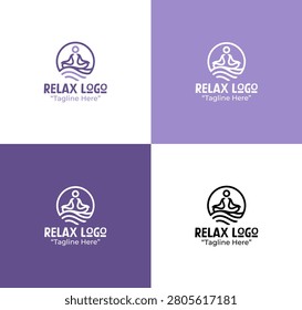A modern minimalist relax logo featuring a line art meditation figure in lilac purple tones developed for wellness branding and healthy lifestyle applications.