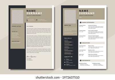 Modern and minimalist resume or cv template design. Professional cv and cover letter with creative graphic background. Elegant corporate business portfolio, cv or document layout for job application.