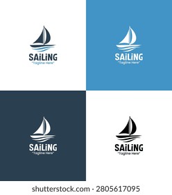 A modern minimalist sailing logo featuring a small sailing boat with a large sail in light and dark blue tones developed for marine branding and water sport applications.