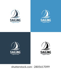 A modern minimalist sailing logo featuring a small sailboat with a large sail in light and dark blue tones designed for water sports branding and marine identity applications.