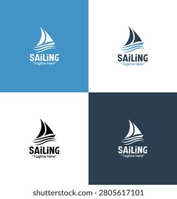 A modern minimalist sailing logo featuring a geometric sailboat with a large sail in light and dark blue tones created for marine branding and nautical identity systems.