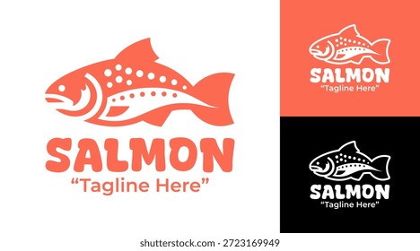 Un moderno logotipo minimalista de salmón diseñado para marcas de mariscos y sistemas de identidad visual limpios basados en el mar.