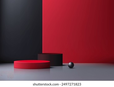 Modern Minimalist Scene with 3D Red and Black Cylindrical Podiums and Black Sphere, Elegant Product Display and Mockup for Showroom Showcase