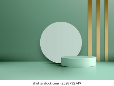 Uma cena minimalista moderna com um pódio cilíndrico verde, um grande círculo branco e listras verticais de ouro. Ideal para monitores ou modelos de produtos