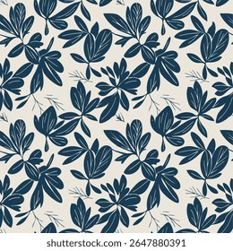 Modern minimalist seamless pattern featuring stylized dark blue leaves and botanical elements on a light beige background. Perfect for contemporary textile designs, digital papers, and sophisticated