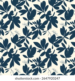 Modern minimalistisch naadloos patroon met gestileerde donkerblauwe bladeren en botanische elementen op een lichtbeige achtergrond. Ideaal voor hedendaagse textielontwerpen, digitaal papier