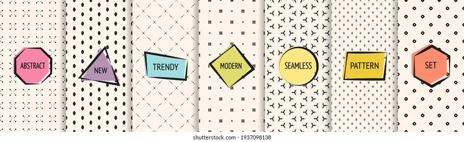 Modern minimalist seamless patterns set. Vector geometric textures with small elements, dots, circles, diamonds, triangles. Collection of monochrome minimal abstract background swatches with labels