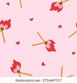 Modern minimalist seamless vector pattern with two matches crossed in the shape of a heart and a small flame on a pink background. Cute and playful romantic design symbolizing spark, passion, and love. Perfect for Valentine’s Day wrapping paper, textiles, wallpapers, packaging, stationery, and festive branding.