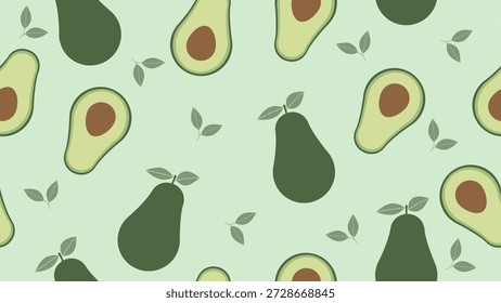 A modern and minimalist seamless vector pattern featuring whole avocados, halved avocado slices with pits, and delicate green leaves. Set against a soft mint green background, this clean design is created for infinite tiling. It is an ideal graphic for organic food packaging, healthy cafe menus, kitchen textiles, vegan-themed stationery, and wellness blog backgrounds.
