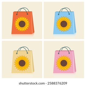 Modern minimalist shopping bag icon symbol. Tote bag with sunflower drawing. Sale concept. All layered and grouped. Vector.