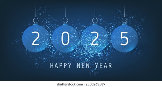 Modern Minimalist Simple Blue New Year Card, Cover or Background, Typography Design Template with Hanging Christmas Balls - 2025