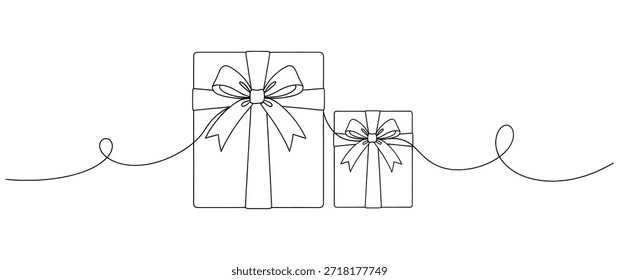 Dibujo minimalista moderno de una sola línea de dos cajas de regalo atadas con adornos de lazos de cinta simples