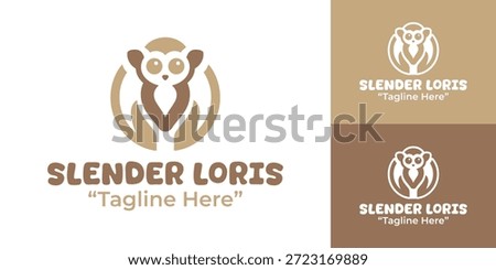A modern minimalist slender loris logo designed for brands expressing calm intelligence, nocturnal focus, and exotic wildlife character.