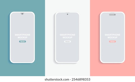 Modern Minimalist Smartphone Mockups: Clay Design on Blue Green, Gray White, and Pink Backgrounds. Vector.