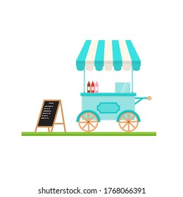 Modern minimalist street cart design with announcement board. Vector illustration. Flat icon shop or market store front. For web design and application interface, also useful for infographics.