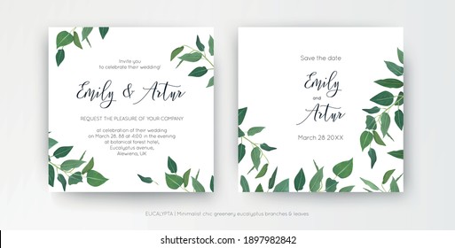 Modern, minimalist style leafy wedding invitation, floral invite card design. Natural eco-friendly eucalyptus greenery branches, green leaves decorative illustration. Vector art botanical template set