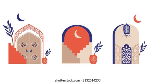 Modern and minimalist style. Moroccan scene. A Moroccan doors, windows and traditional craftsmanship. Terracotta background. Vector illustration.

