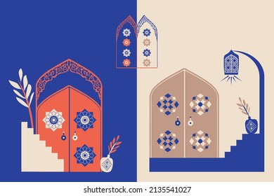 Modern and minimalist style. Moroccan scene. A Moroccan doors, windows and traditional craftsmanship. Terracotta background. Vector illustration.