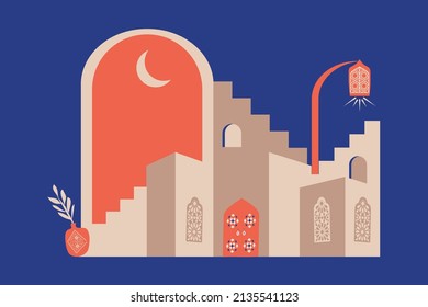 Modern and minimalist style. Moroccan scene. A Moroccan doors, windows and traditional craftsmanship. Terracotta background. Vector illustration.