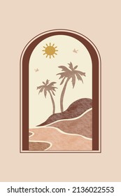 Modern and minimalist style. Moroccan scene. A Moroccan doors, windows in a view of the desert during the day. Terracotta background. Vector illustration.