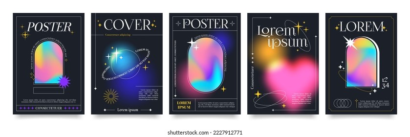 Modern minimalist style posters and holographic forms  linear shapes   sparkles black background  Trendy print with line arch frames  fluid gradients   stars  vector poster template set