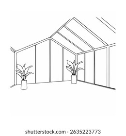 Modern minimalist sunroom interior design illustration with potted plants and glass walls