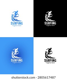 A modern minimalist surfing logo featuring a surfer riding a powerful wave in blue gradient tones crafted for sports branding and surfing community identity applications.