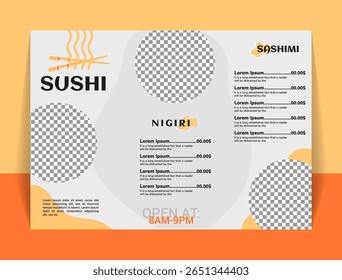 Modern, minimalist sushi restaurant menu template.  Features placeholders for photos, prices, and text. Ideal for social media, print, and online marketing.  Clean design ensures readability.