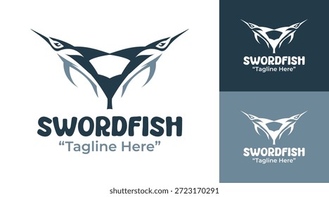 Un moderno logotipo minimalista de pez espada diseñado para marcas marinas, deportes oceánicos e identidad de depredador acuático.