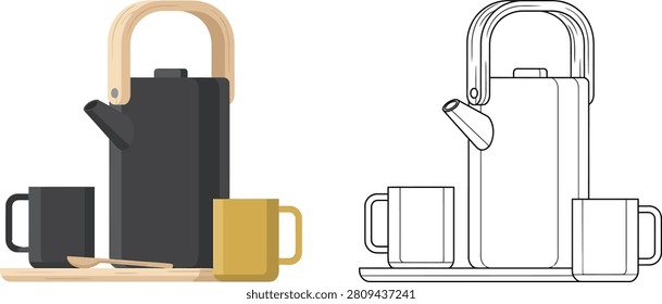 A modern minimalist tea set featuring a teapot and two mugs on a serving tray
