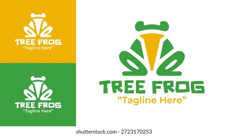 Um logotipo moderno minimalista de rã-de-árvore desenvolvido para a conservação da floresta, marca da vida selvagem e projetos ecológicos.