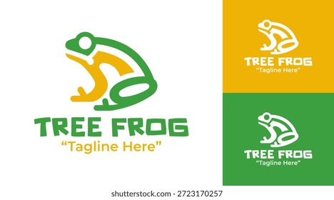 Un moderno logotipo minimalista de rana arbórea adecuado para marcas ecológicas, investigación de anfibios y sistemas de identidad de vida silvestre.