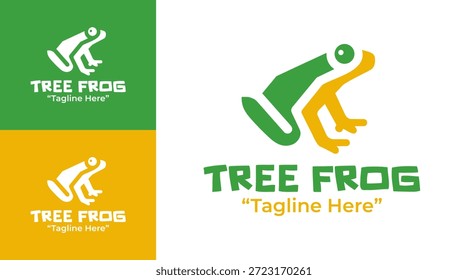Um logotipo moderno de rã de árvore minimalista criado para marca ambiental, conservação da vida selvagem e visuais de natureza.